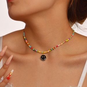 Cute Smiley Face Pendant Necklace Beaded Chain Chokers Necklace Jewelry